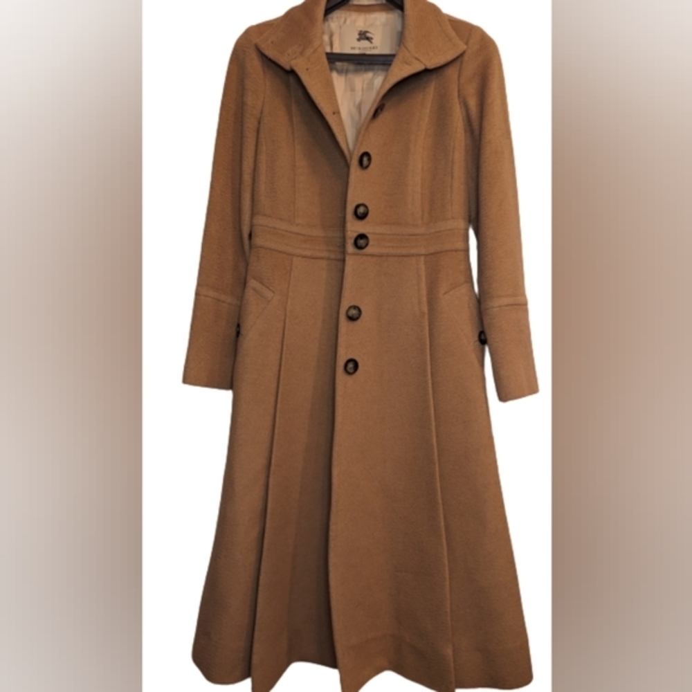 Burberry tan trench coat 100% camel hair princess cut button down half 2